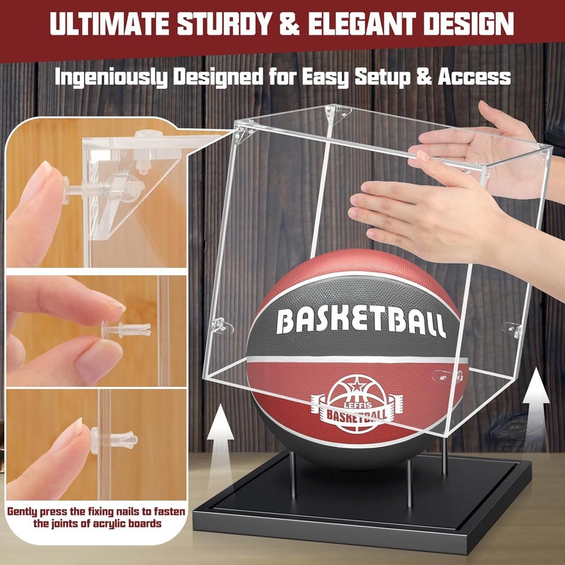 Leffis Basketball Display Case - UV Protected Acrylic Case With Solid Wood Base, Stand for Autographed Standard NBA WNBA Ball Memorabilia Keepsake - Image 2